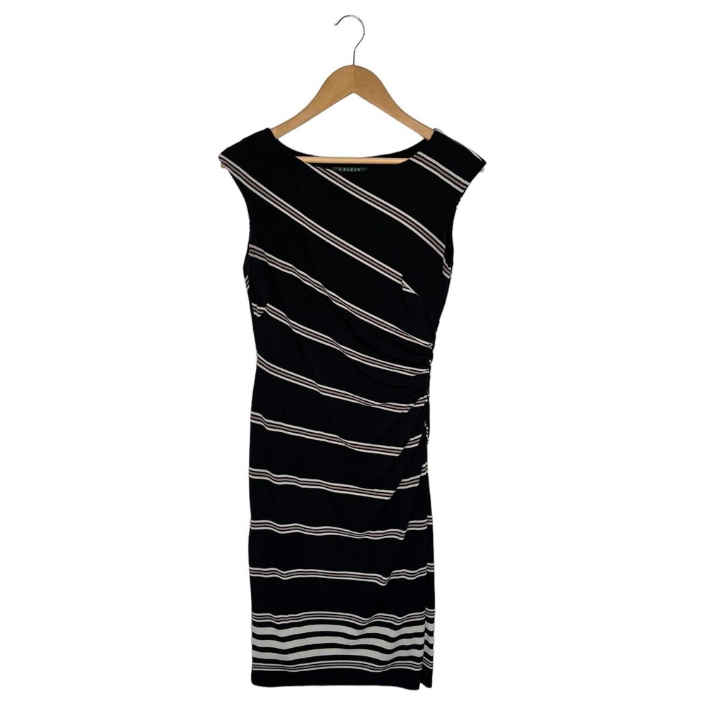 Lauren Ralph Lauren Dress Womens 4 Bodycon Striped Sleeveless Side Ruching Black